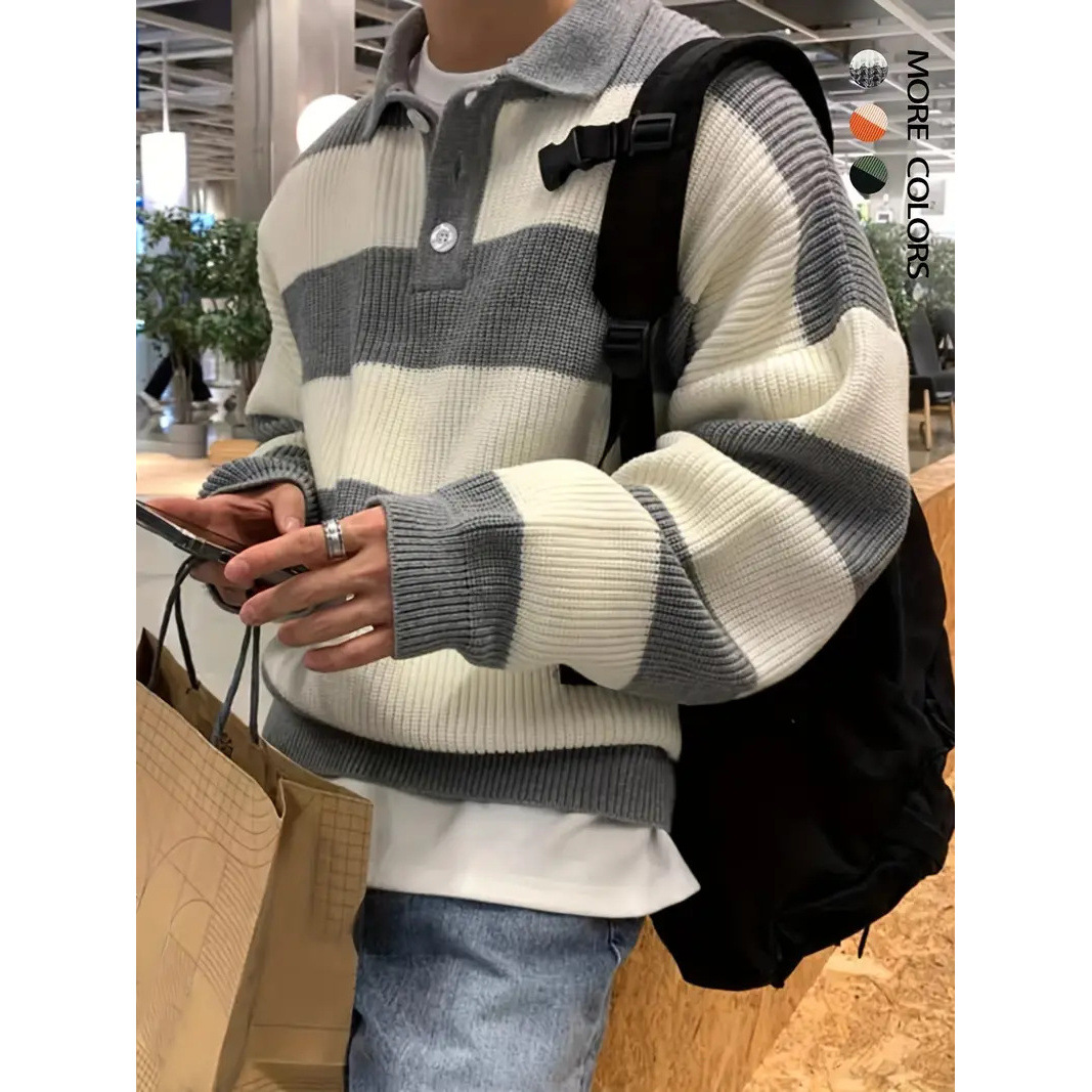 Cross-Border Men's Sweater Hong Kong Style Color-Blocked Striped Lapel Sweater Lazy Style Youth Warm Jacket Loose