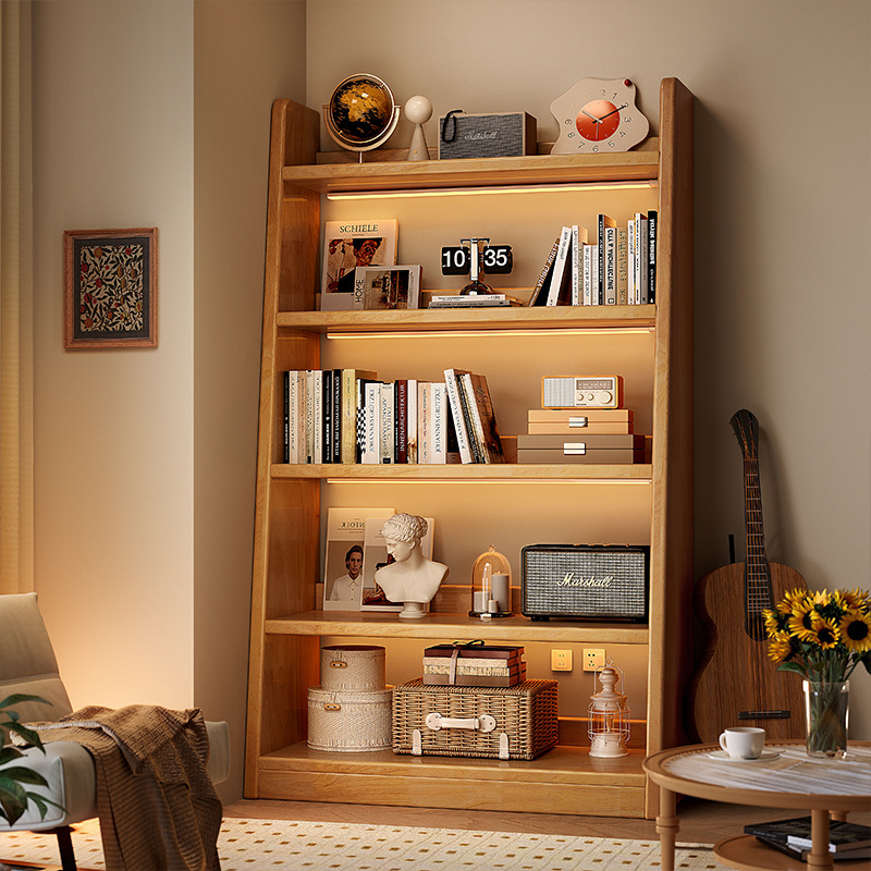Estantería de madera maciza Estante de piso Estante de almacenamiento trapezoidal Estante de almacenamiento y almacenamiento Una pieza contra la pared Sala de estar para uso doméstico Estantería simple
