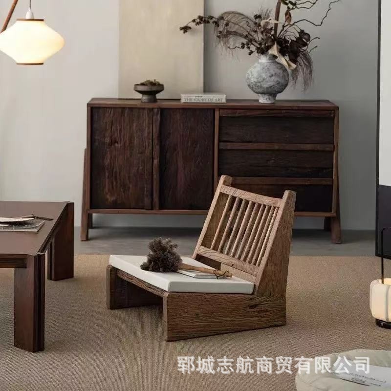 Old Elm Backrest Chair Wabi-Sabi Style Home Balcony Lounge Chair Leisure Chair New Chinese Style Tatami Solid Wood Single Chair