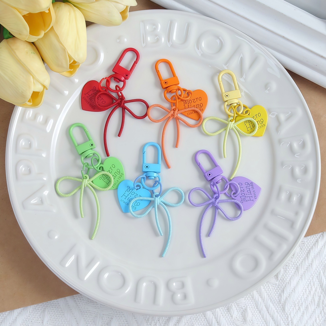 Bowknot Heart Keychain DIY Jewelry Accessories Bead Pendant Cross-Border Amazon Hot-Selling Creative Keyring