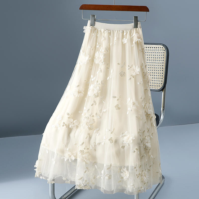 2025 Spring and Summer New High-Waisted Slimming Look Double-Layer Mesh Large Hem Stereo Flower Skirt Mid-Length Fairy Gauze Skirt