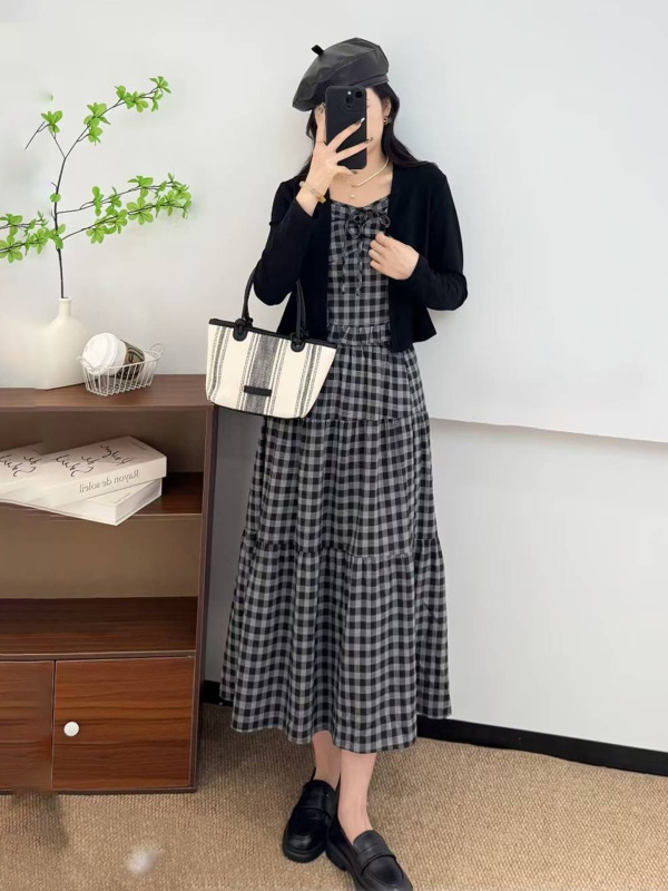 直销秋季显瘦气质复古法式时尚格子防晒开衫吊带半身裙三件套套装|undefined