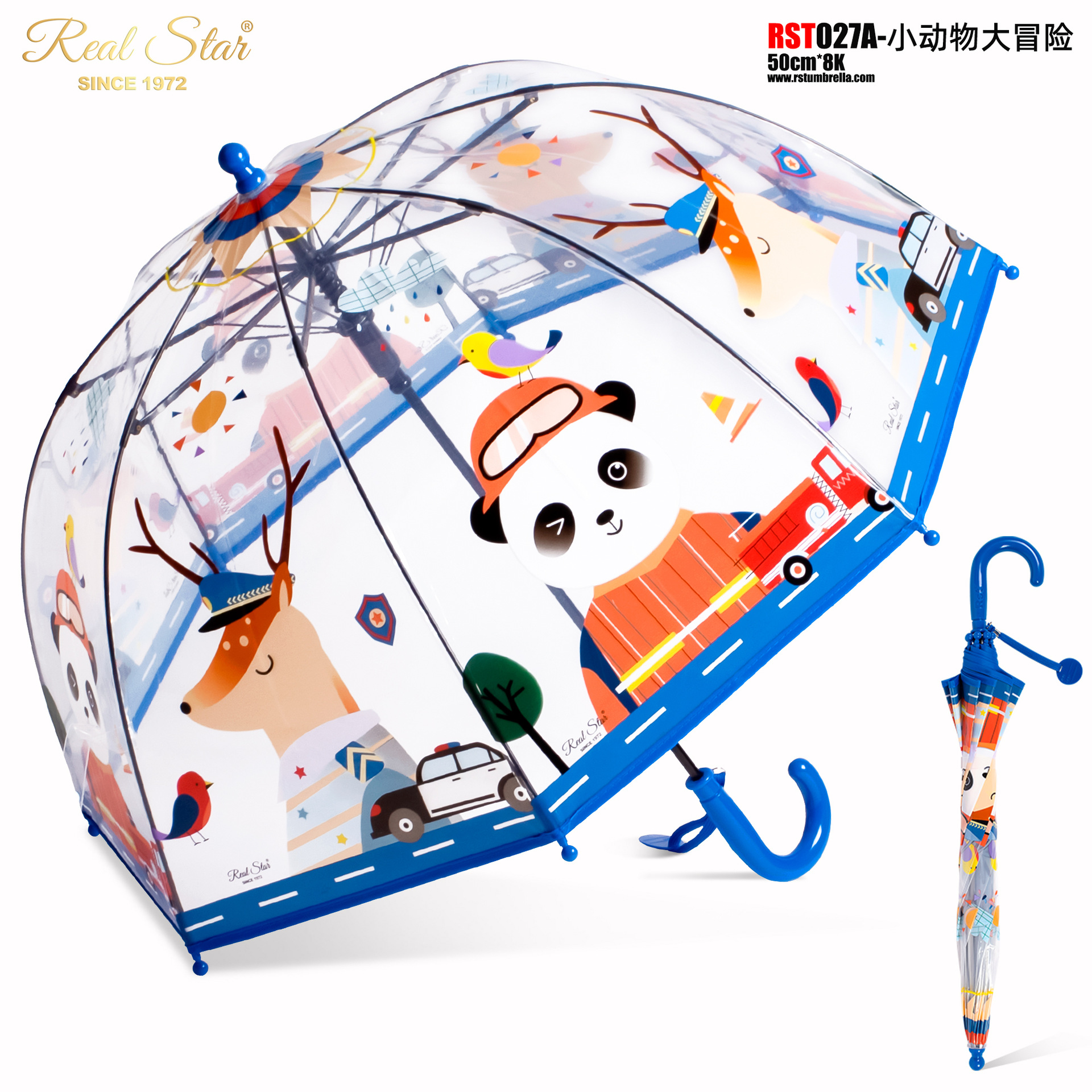 Sombrilla Transparente Infantil de Mango Largo 2-7 Años Semiautomático, Ligero para Jardín de Infantes