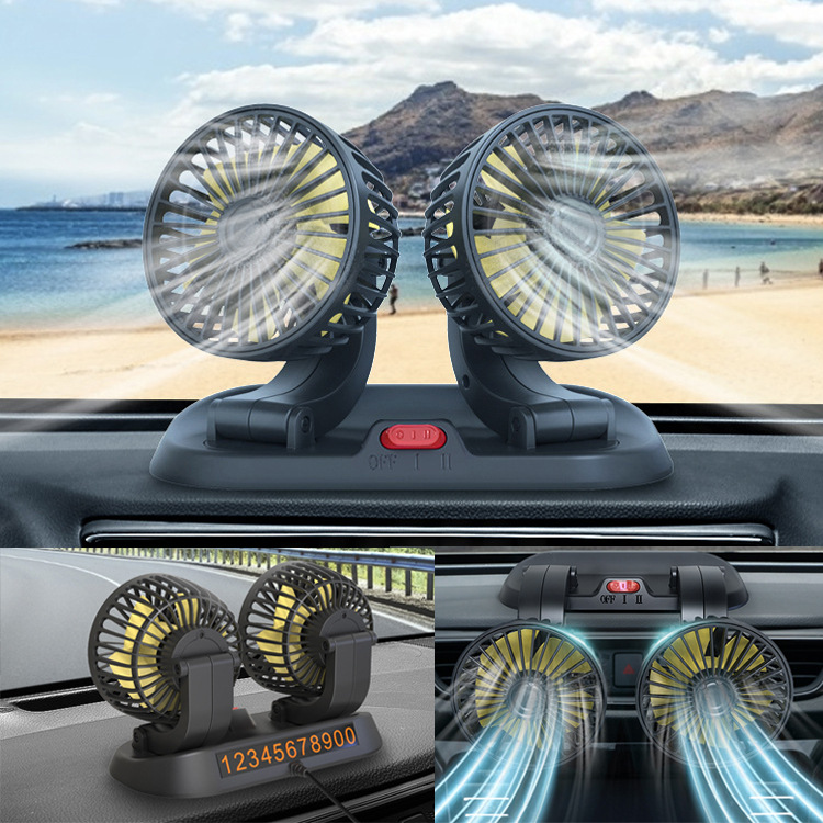 Ventilador de coche eléctrico de doble cabeza, 360° giratorio, mini, con soporte de estacionamiento