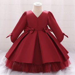 ebey跨境新款長袖網紗蓬蓬裙兒童禮服V領拼接大蝴蝶結連衣裙子