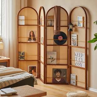 Chinese-Style Living Room Foldableing Rattan Screen Wabi-Sabi Entrance Retro Partition French Bedroom Blocking Mobile Storage Bookshelf