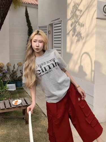 American Retro Round Neck Short Sleeve Women's Summer Letter Print Square Shoulder T-Shirt Casual Vintage Oversized Top