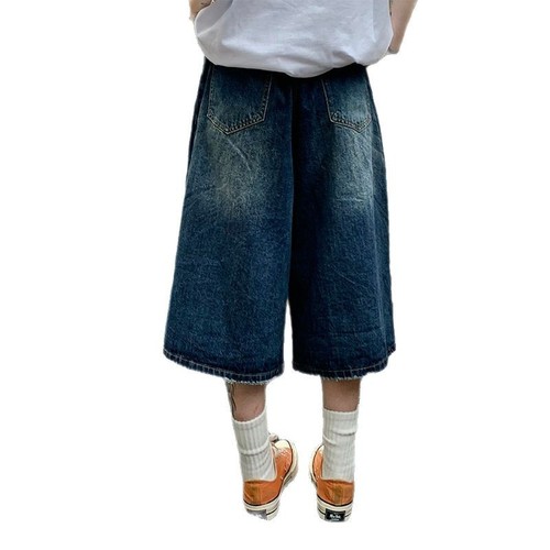 American casual loose silhouette washed retro distressed seven-quarter trendy Hong Kong style straight-leg denim seven-quarter shorts for men and women