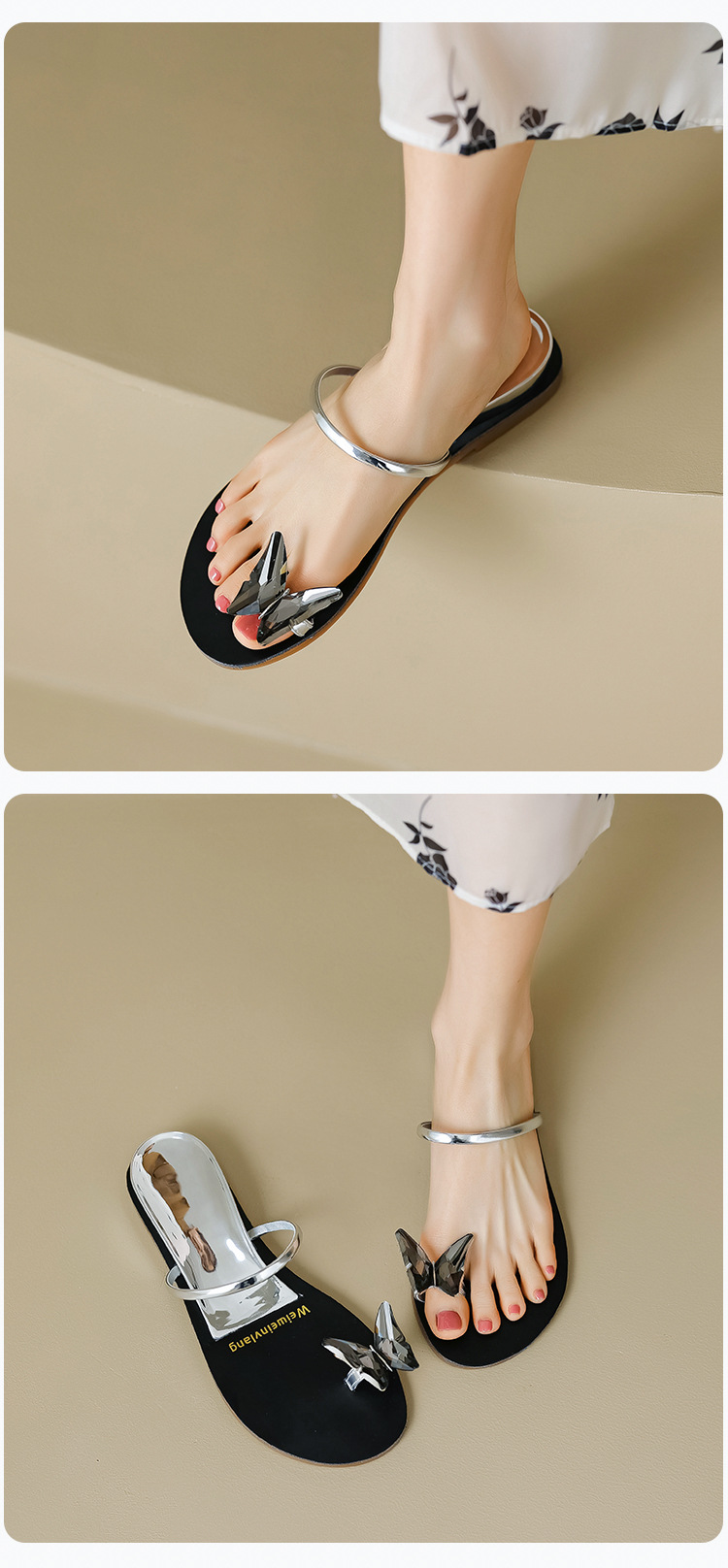Open Toe Sandals For Women Summer New Fashion Butterfly Rhinestone One Line Flat Slippers With Clip Large Size_voghion.com