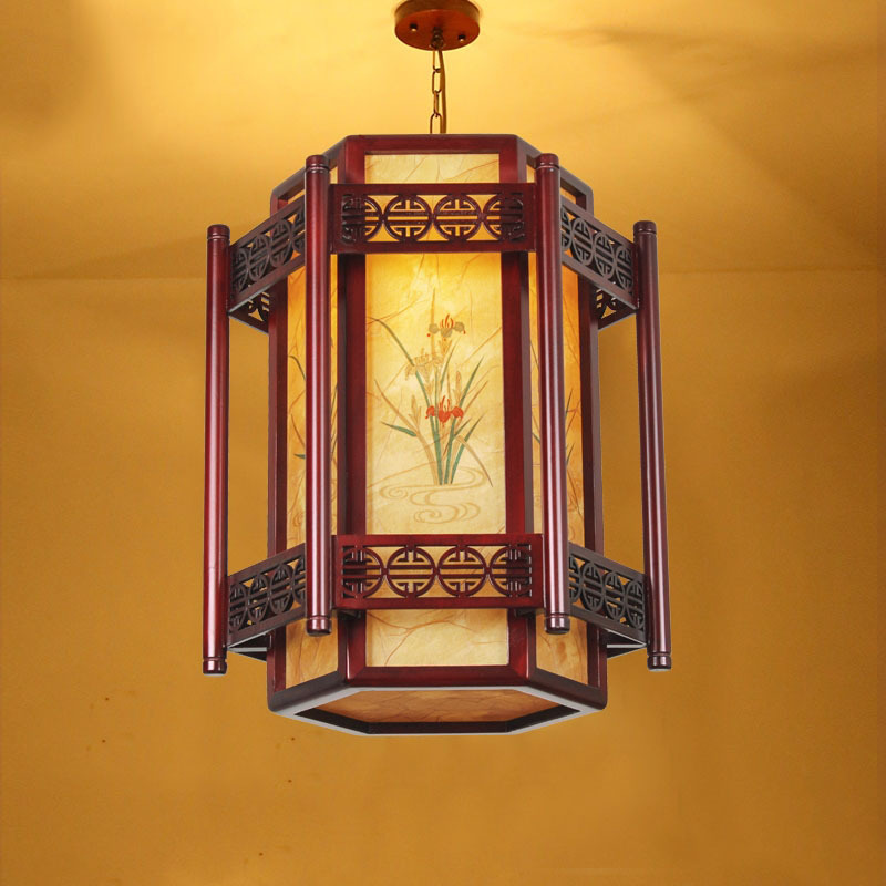 定制中式仿古实木吊灯走廊庭院装饰灯笼餐厅酒店中国风木艺羊皮灯