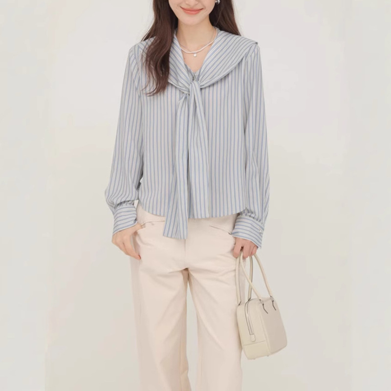 French navy collar strap design vertical stripe long sleeve shirt women's spring 2025 new top