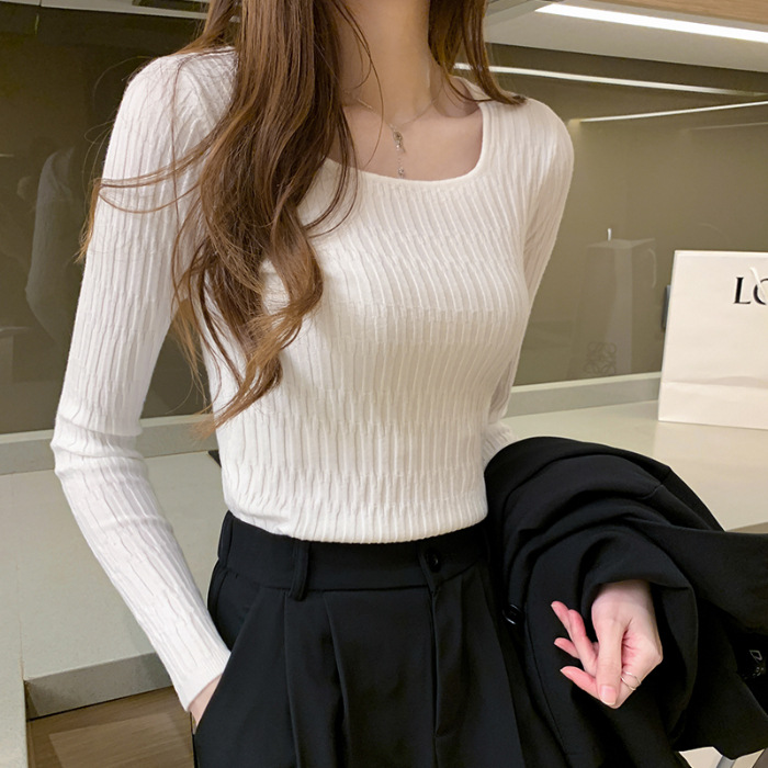 2025 春と秋の新韓国スタイルレトロ婦人服スリムスクエアカラートップボトリングシャツ長袖セーター女性のファッション