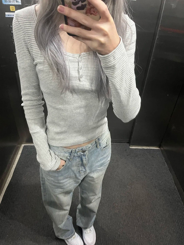 美式复古灰色条纹纽扣U领长袖T恤女早春修身打底衫甜辣bm短款上衣|undefined
