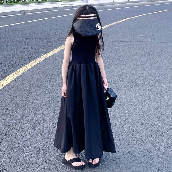 Girls' dress Modal Summer Children's Little Black Dress Casual Long Dress Girls' Big Children's Western Style Sleeveless vest dress