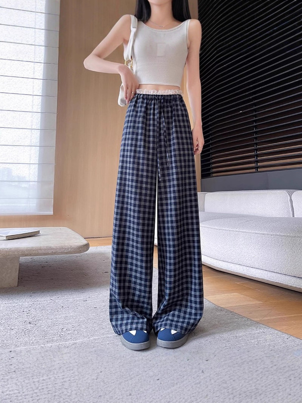 松紧腰蓝色格子蕾丝直筒裤女春夏秋高腰宽松休闲慵懒风垂感阔腿裤|undefined