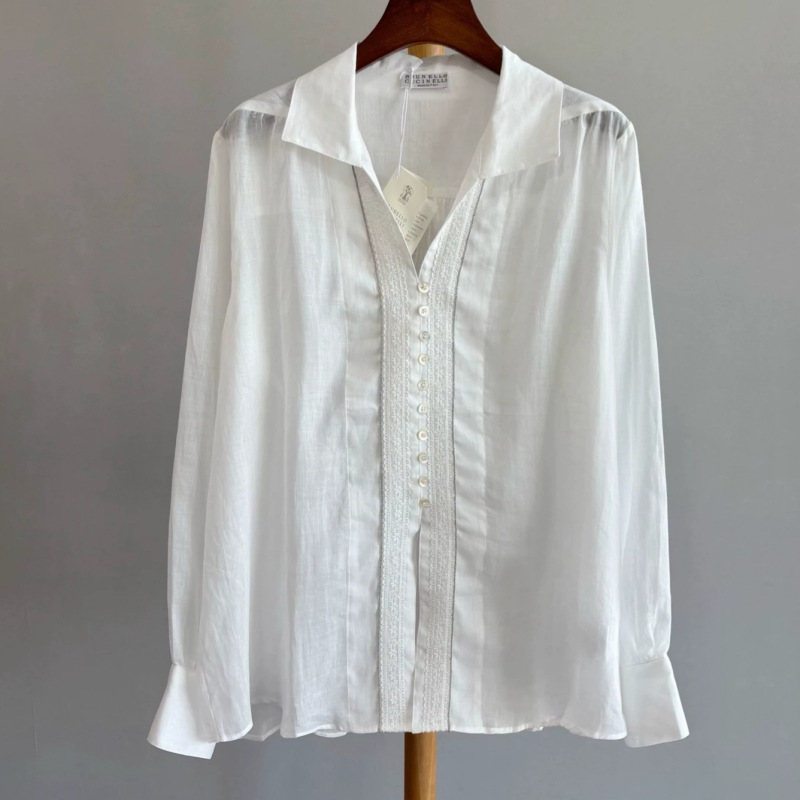 Borbotie Women's Shirt 2026 Spring and Summer New Product Bc's 100% Natural Ramie Bead Chain Lace White Shirt Borbotie Women's Shirt 2026 Spring and Summer New Product Bc's 100% Natural Ramie Bead Chain Lace White Shirt