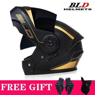 Full-Face Helmets, Electric Vehicle Helmets, Motosiklet kaskı (dəbilqə) - black-gold-brown-lenses-comes-with-mask-gloves-s55-56