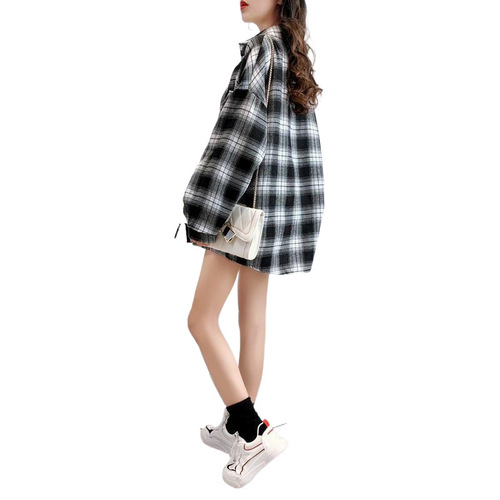 Women's Spring and Autumn New Design Grid Shirt, Unique Loose Long-Sleeve Retro Hong Kong Style Casual Blouse