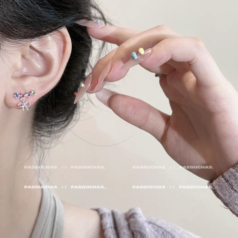 INS彩色镶钻蝴蝶结耳钉女小众设计感高级轻奢气质耳环甜美耳饰|undefined