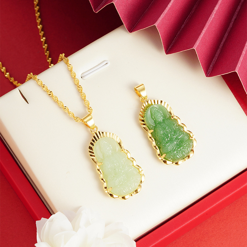 La Arena de oro vintage aceite verde hielo verde Guanyin colgante no se desvanece durante mucho tiempo con incrustaciones de oro de jade Guanyin Buda colgante transfronterizo venta al por mayor