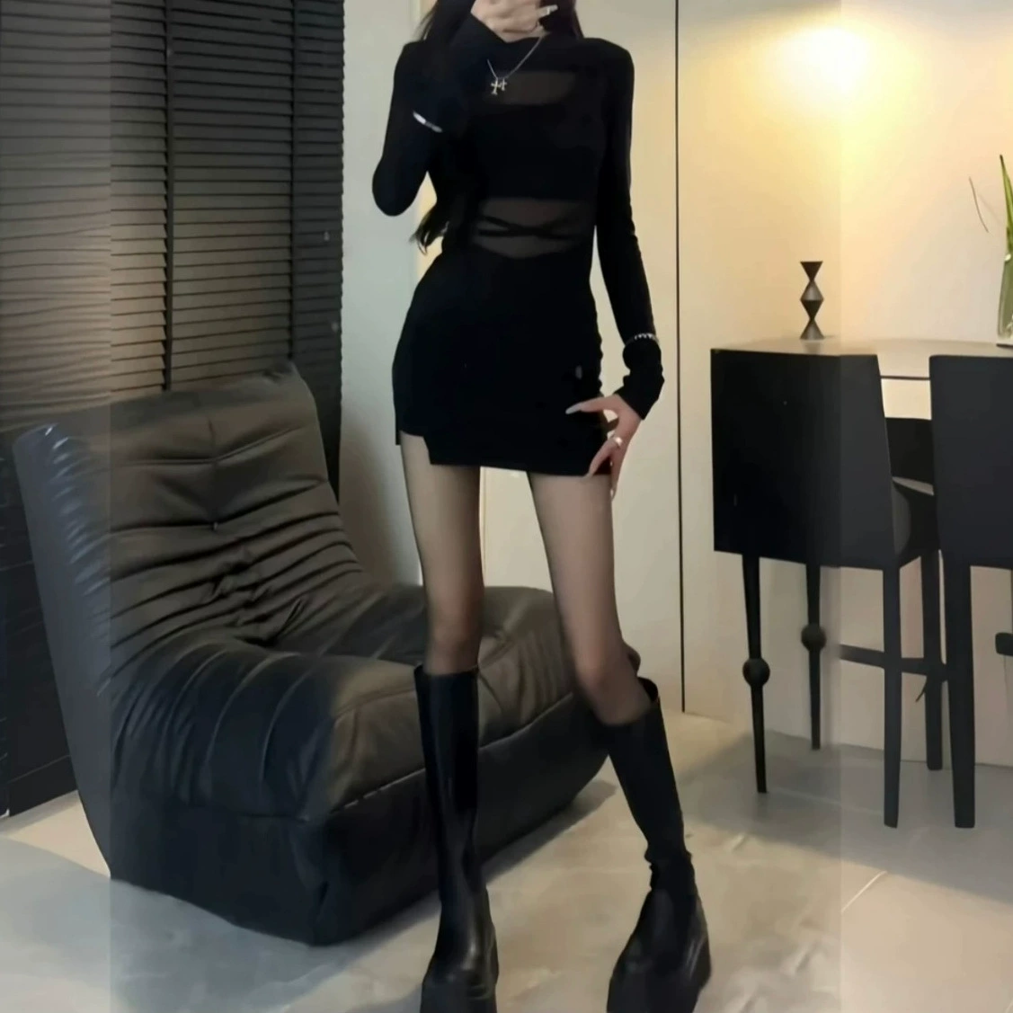 2024 темпераментная светская сетчатая пряжа платье с длинными рукавами