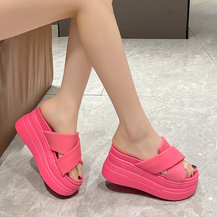 European Station Rose Red Thick Bottom Round Head Sandals Women's Popular Summer New Korean Style Cross Belt Wedge Slippers