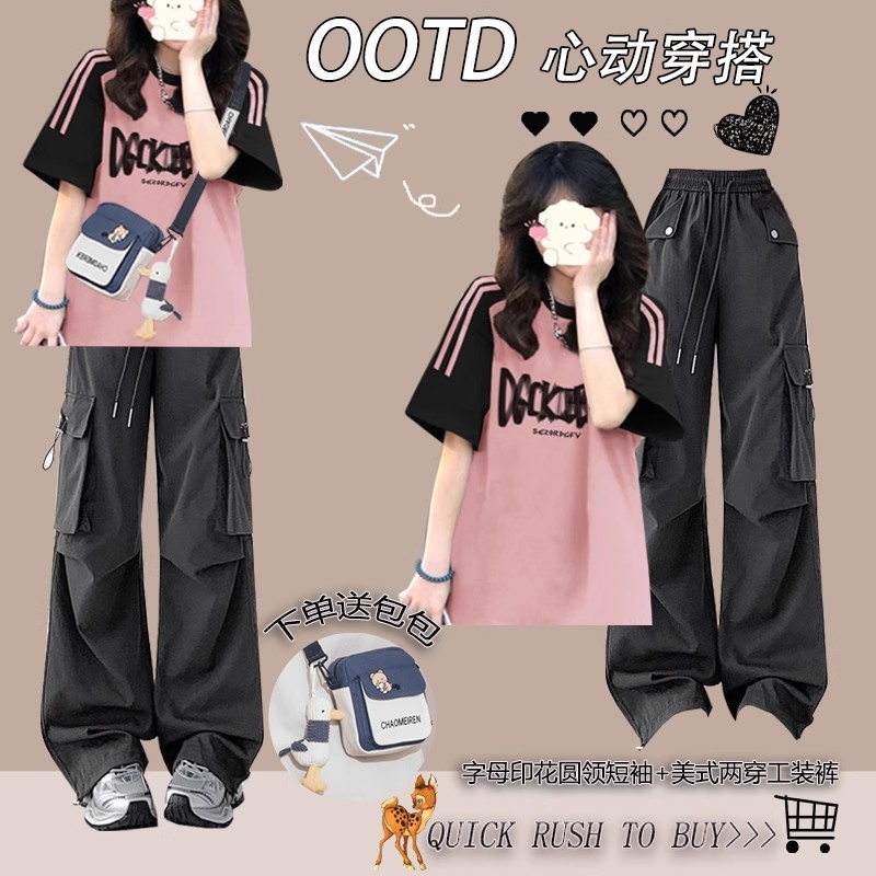 Printed color-blocked round neck short-sleeved T-shirt for junior high school students, summer outfit for girls, 2025 new style, preppy outfit for high school students.