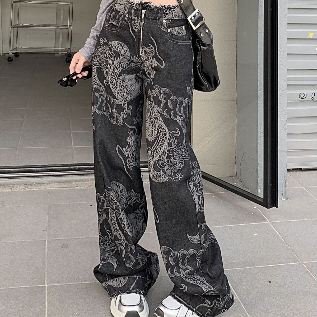 美式国潮龙纹印花时尚设计感毛边阔腿牛仔裤女高腰宽松显瘦拖地裤
