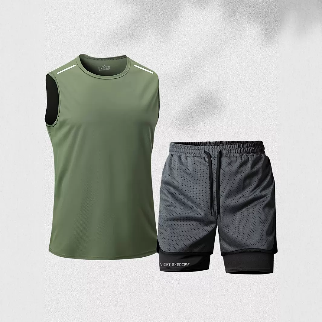 跨境夏季2025新款休闲无袖短裤男士套装薄款宽松透气纯色运动短裤