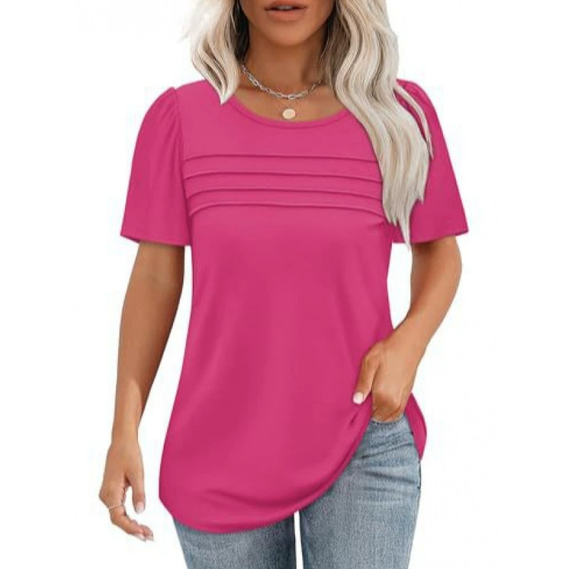 Amazon трансграничная экспортная женская футболка, топы, повседневные летние 2025, новый стиль, плиссированные, свободные, с круглым вырезом, с короткими рукавами