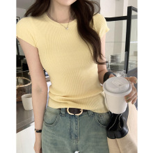 韩版简约针织短袖T恤女春夏新款小众设计感修身百搭纯色上衣