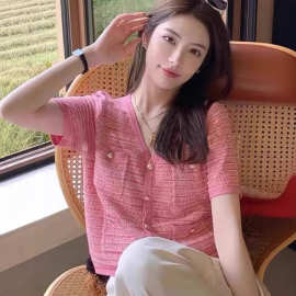 小香风粉色V领针织小开衫女洋气减龄夏装2025新款冰丝短袖t恤上衣