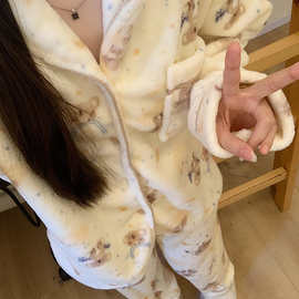 可爱考拉珊瑚绒睡衣女冬季新款加绒加厚保暖法兰绒家居服长袖套装