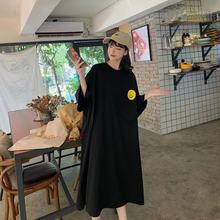 大码韩版ins短袖t恤连衣裙女2024新款宽松显瘦甜美开叉过膝裙子夏