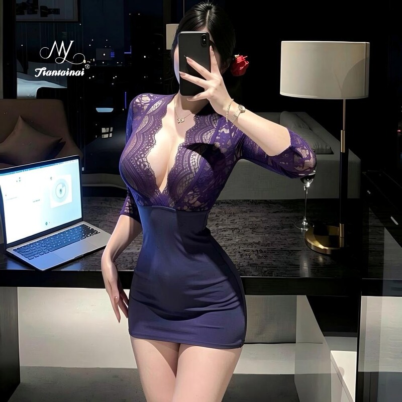 Sexy purple lingerie with a charming appeal, plus-size see-through lace uniform, seductive secretary-style, hip-hugging lingerie for young women