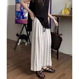 日系复古色织亚麻竖条纹卷边薄款休闲裤女夏季新款九分阔腿裤