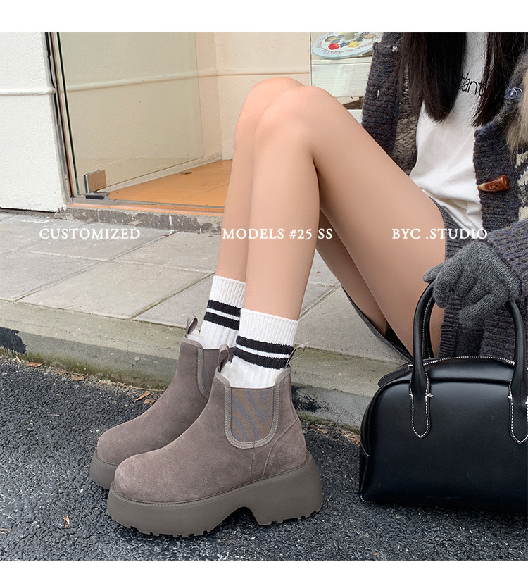 Boot Chelsea nữ da dê lót lông cừu đế dày platform ấm mùa đông — màu đen chi tiết 10