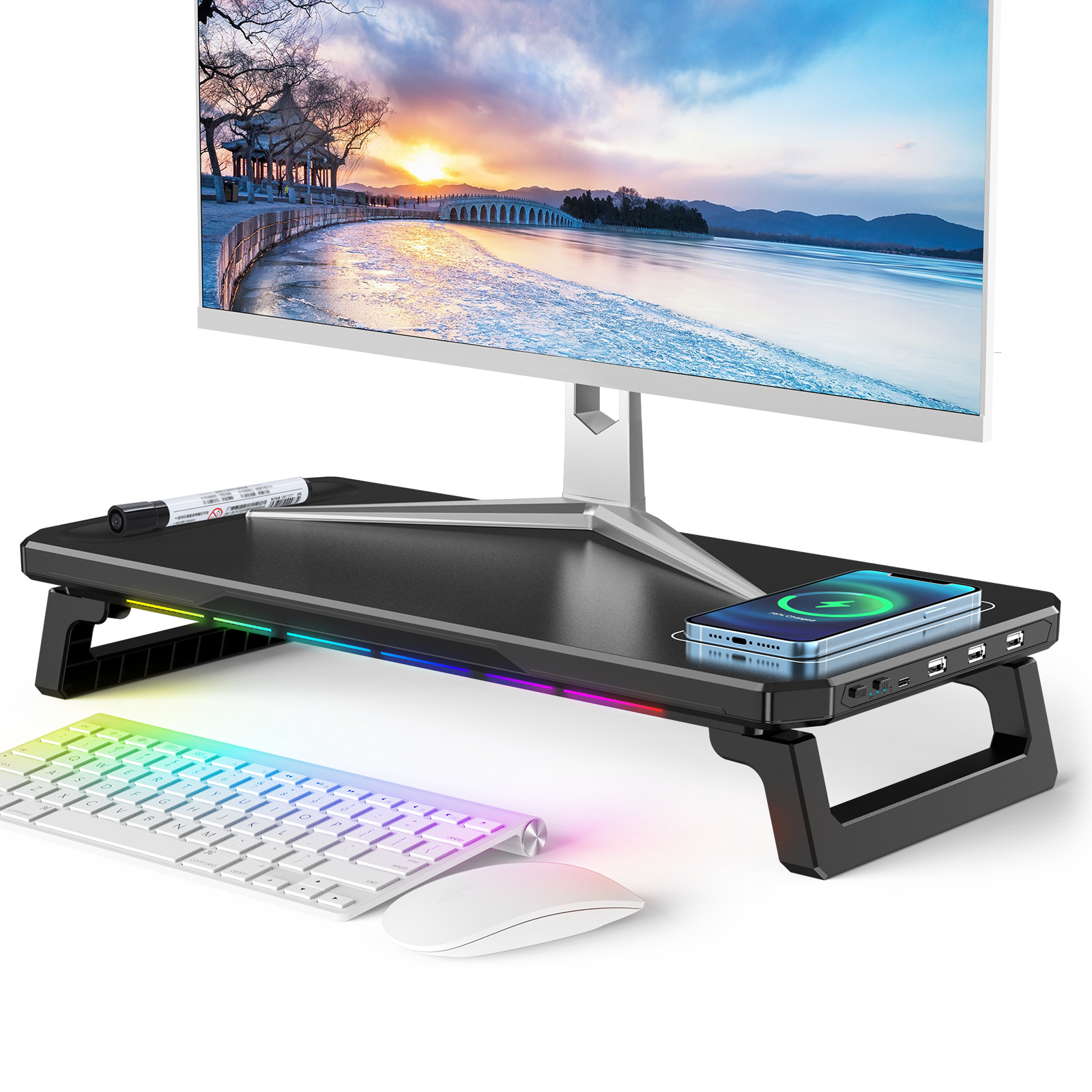 무선 고속 충전 블랙 + RGB 조명 + 허브 확장