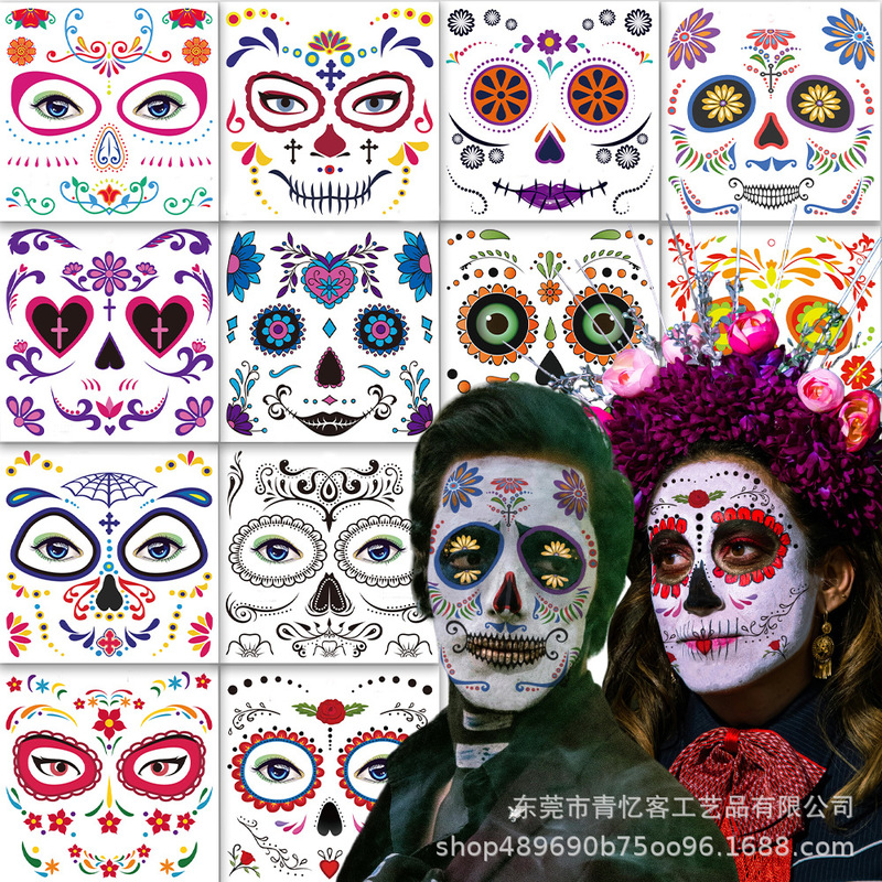Halloween Face Tattoo Stickers Flowers Day of the Dead Masquerade Party Makeup Face Stickers Wholesale Printed Graffiti