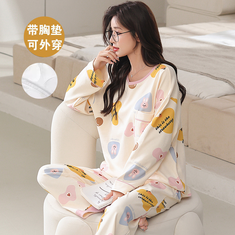 Spring and Autum Pajamas with Breast Pads for Women, Cotton Long-Sleeved Pullover Set, Bra-Free Anti-Bump Home Wear Set