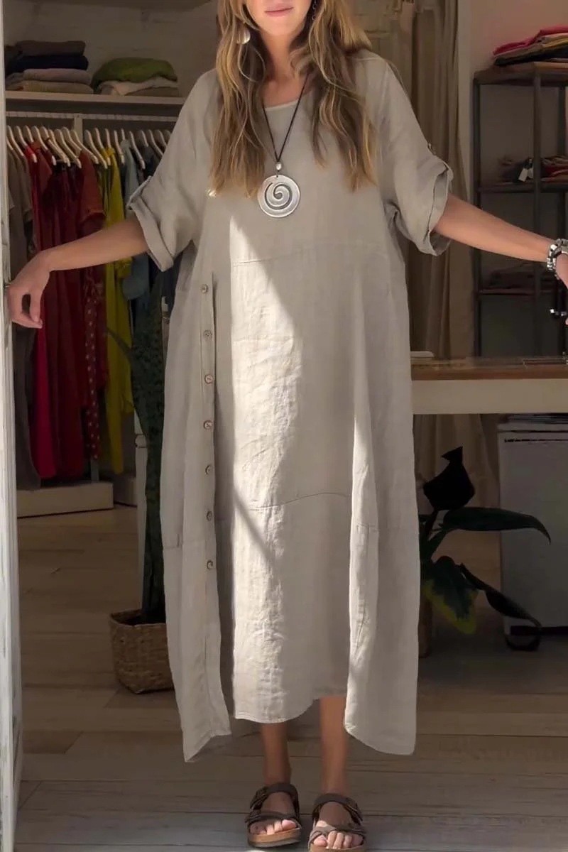 New 2024 women's summer style loose fitting casual solid color short sleeved cotton linen dress_voghion.com