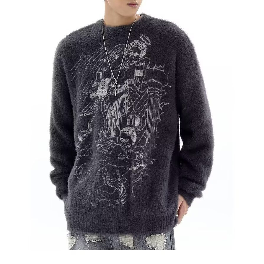 Herren Oversized Gothic Angel Strickpullover Warmes Fleece_voghion.com