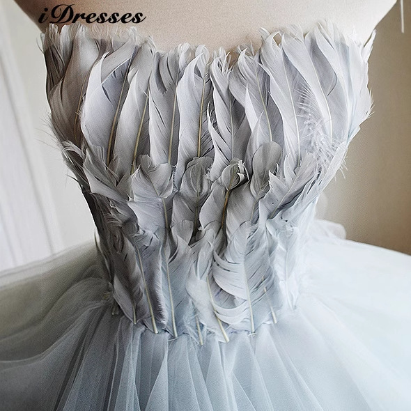 (non-refundable) evening dress short feather tube-length skirt birthday party performance cocktail dress light gray dress