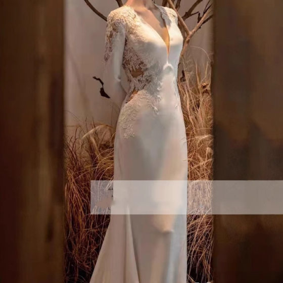 European and American foreign trade Amazon AliExpress wish new wedding dress crew neck lace long sleeve satin thin can be set large size
