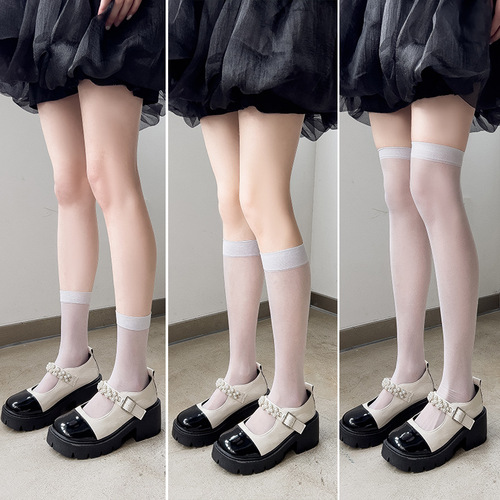 Summer and Spring Ultra-Thin White Calf Socks for Women, Sheer Black Color Mid-Calf Socks, Japanese Lolita White Silk, Factory Wholesale