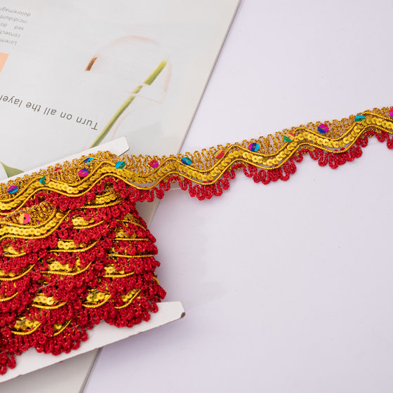 Colorful Golden Silk Triangle Sequins Ethnic Style Mid-Autumn Festival Fold Tower Lace Large Truck Wrap Top Lace Buddha Hall Offering Table Lace