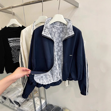 藏青色运动棒球服女2025春秋季新款欧货时尚蕾丝花边夹克衫上衣服