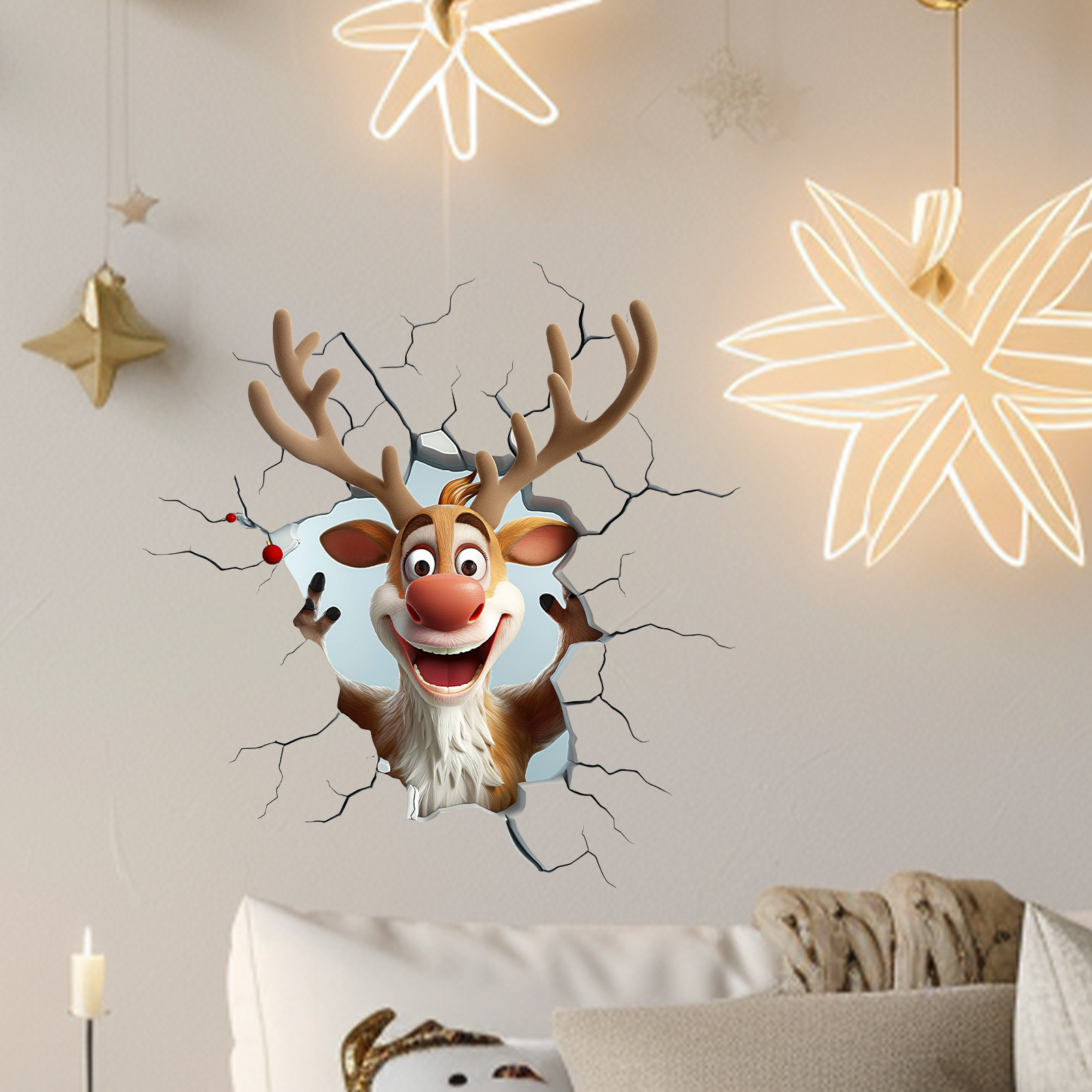 Creatieve 3D-muursticker met cartoonachtige rendieren voor een feestelijke kerstsfeer in de woonkamer. Decoratieve PVC-muursticker._voghion.com