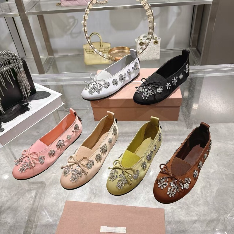 High-End Miu26 Spring New Style Genuine Leather Flat-Soled Silk Surface Rhinestone Bow Ballet Mary Jane Shoes for Women