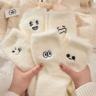 Expression Socks Autumn and Winter Mink Velvet Mid-Calf Socks Fleece-Lined Thickeneding Warm Versatile White Furry Small Eyes Pile Socks